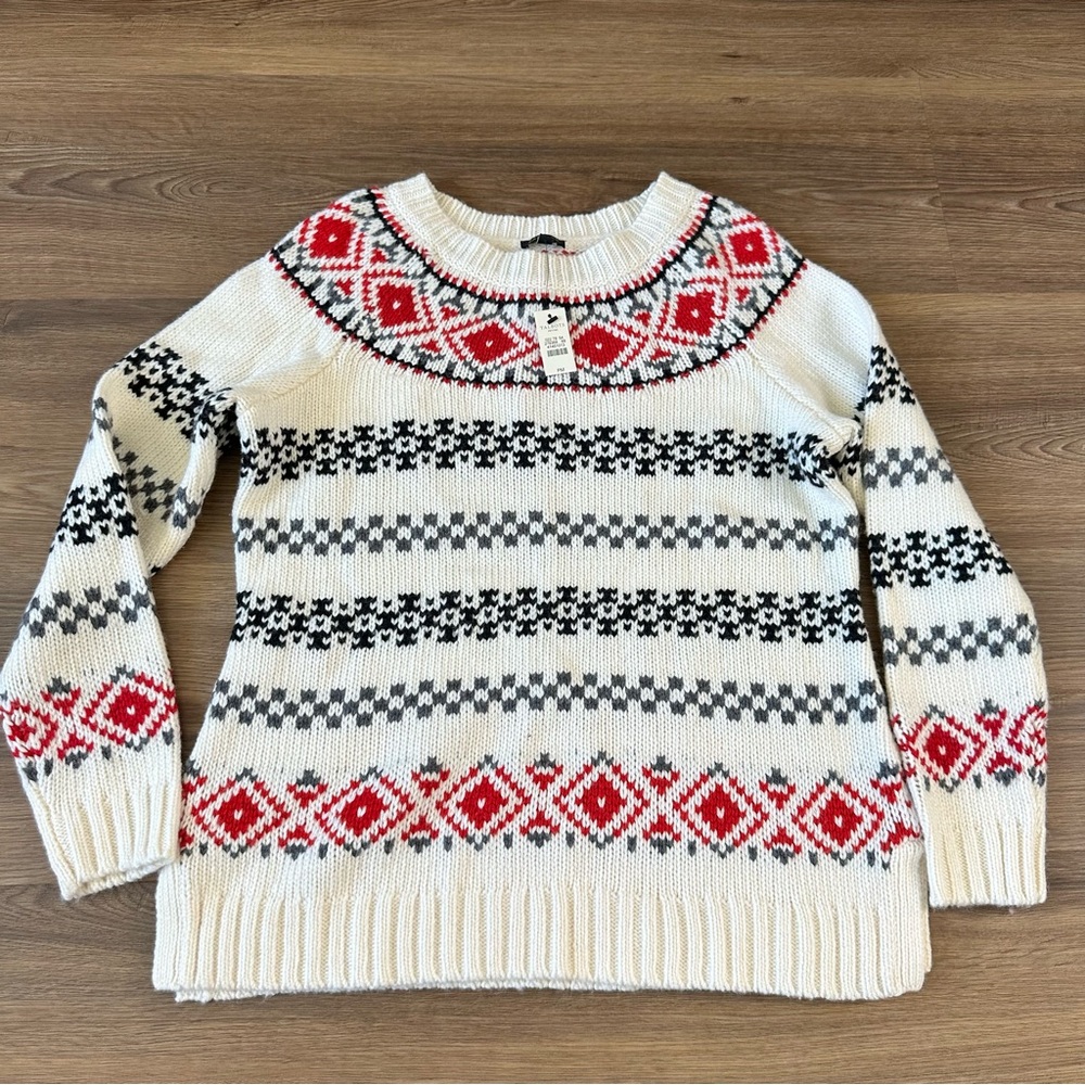 Talbots Sweater Womens Medium Petite Red White Fair Isle Pullover Wool Blend NEW